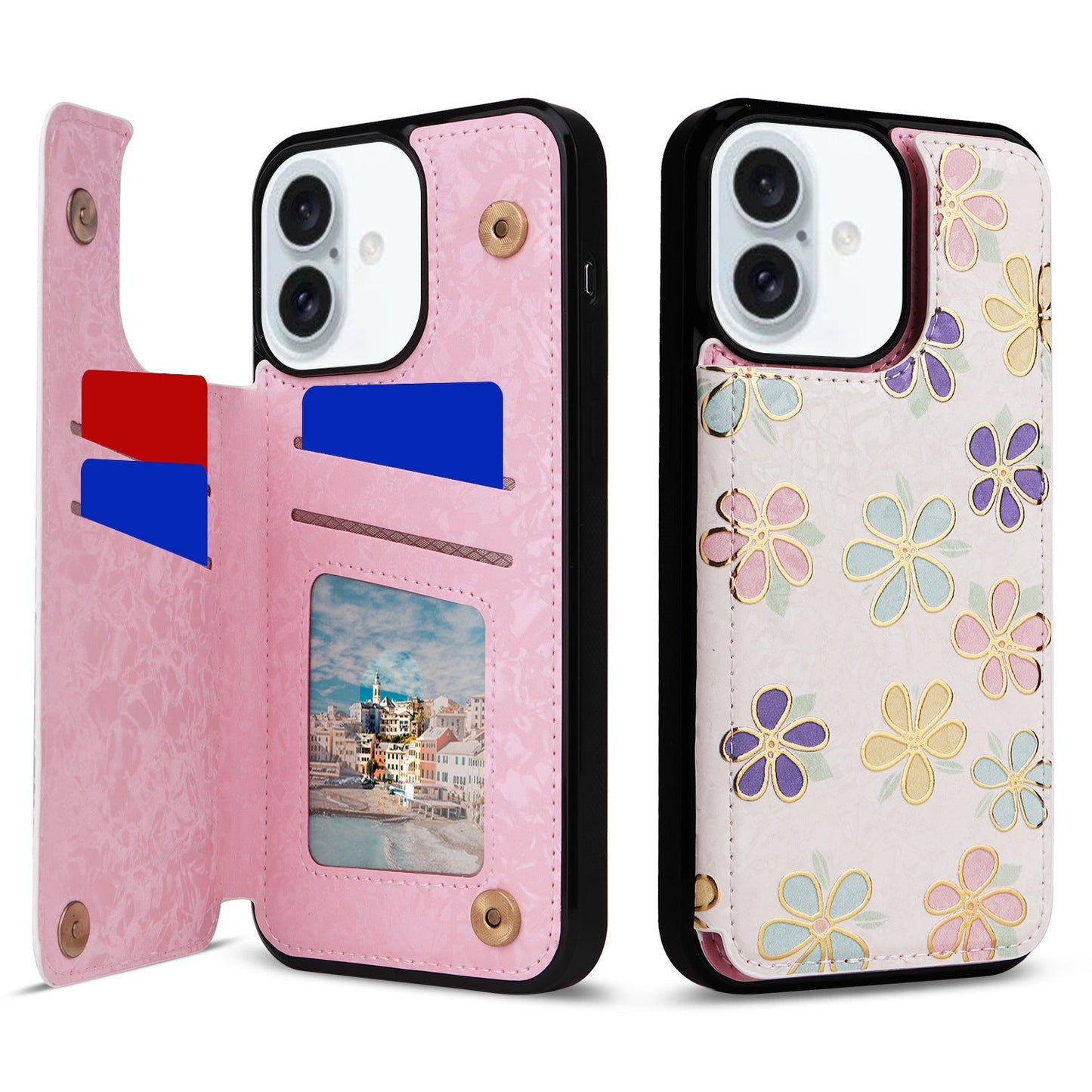 Card Holder Applicable to Apple 16 painted double buckle four-insert card wallet case 16pro max all-inclusive anti-drop case protective cover -dropshippingabc.com