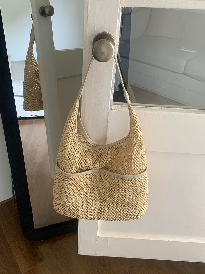 Bolso de paja, bolso hobo para ir al trabajo, bolso hobo tejido de verano para mujer, bolso de hombro de paja, bolso de playa de ganchillo ligero