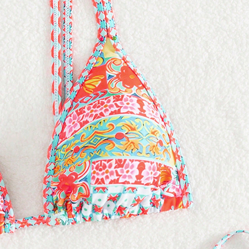 Printed Triangle Sexy Split Swimsuit Three Points Beach Bikini Female Neck-Tie Halter Bikini W Random Flower -dropshippingabc.com