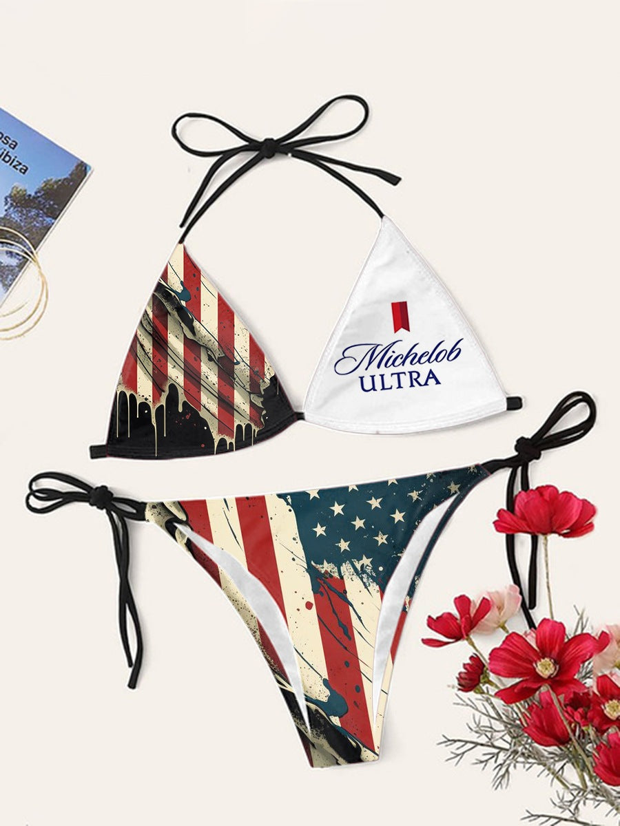 Digital Print Sexy Halter Bikini Set - Two-Piece Adjustable Swimwear for Women