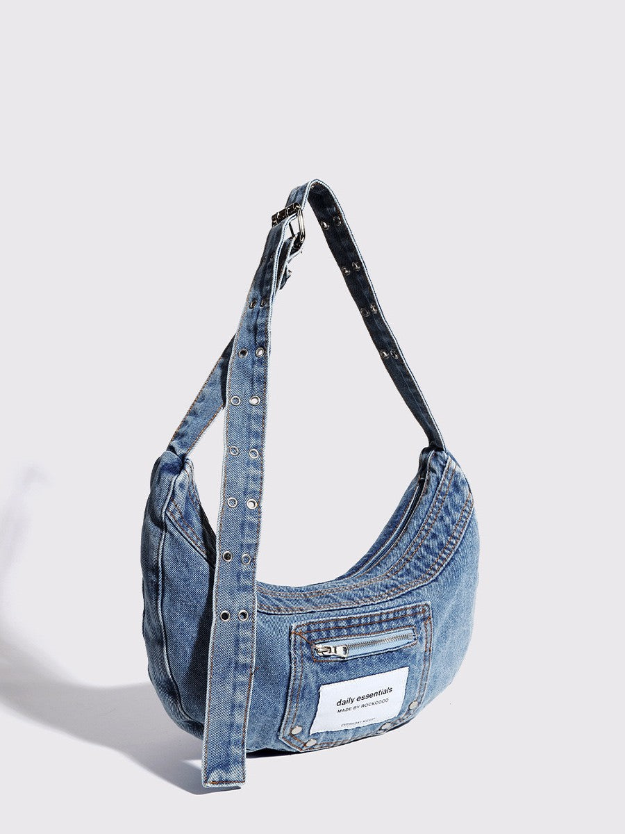 Bolso bandolera con estilo – Bolso hobo de diseño vintage con detalle de denim lavado para una elegancia cotidiana 