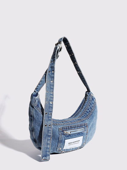 Bolso bandolera con estilo – Bolso hobo de diseño vintage con detalle de denim lavado para una elegancia cotidiana 