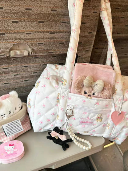 Bolso tote de gran capacidad para niñas, bolso para viajes cortos, bolso acolchado con estampado floral, bolso de hombro para estudiantes. 