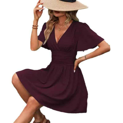 Deep v Waist Skinny Pleated Bubble Sleeve Dress Lantern Sleeve Bridesmaid