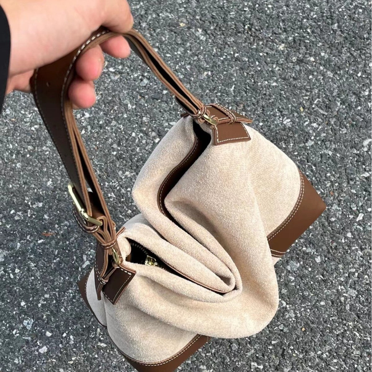 Bolso hobo de ante de gran capacidad, bolso de hombro femenino con contraste, bolso de mano, bolso informal