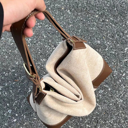 Bolso hobo de ante de gran capacidad, bolso de hombro femenino con contraste, bolso de mano, bolso informal