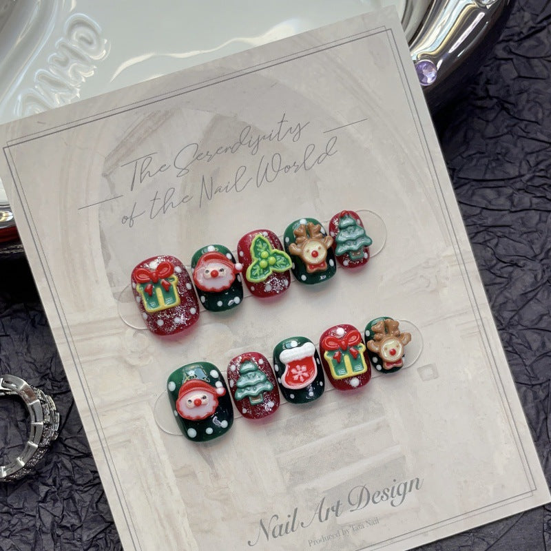 Colección navideña Feliz Navidad Industria pesada Arte de uñas hecho a mano Uñas postizas largas y cortas