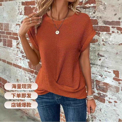 Batwing Sleeve Twist Hem Waffle Knit Tee