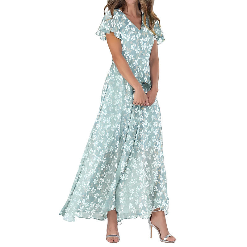 Summer Flared Maxi Dress V-Neck Short Sleeve Printed Chiffon Dress