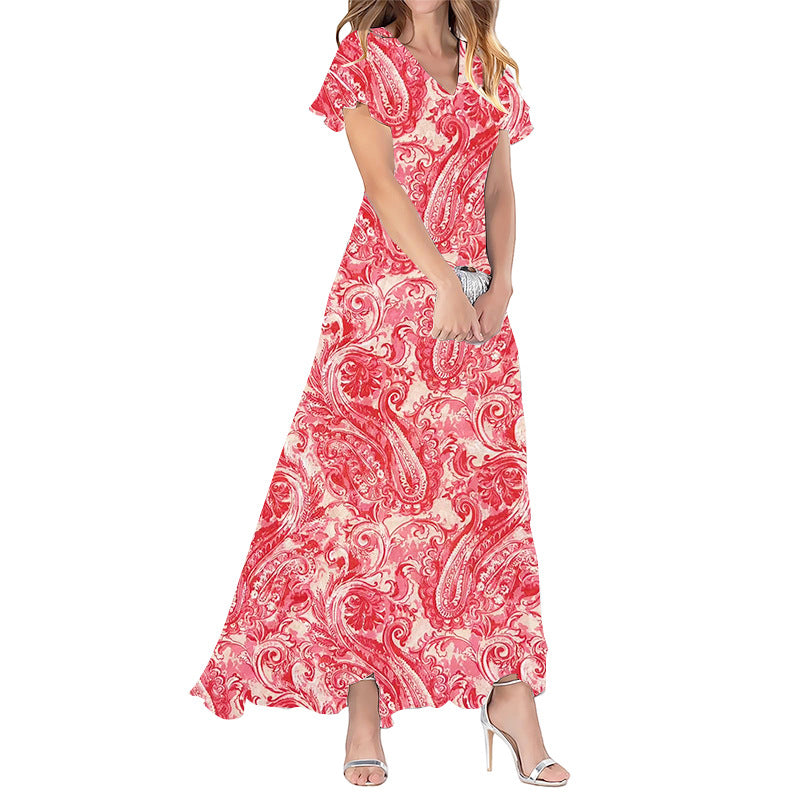 Summer Flared Maxi Dress V-Neck Short Sleeve Printed Chiffon Dress