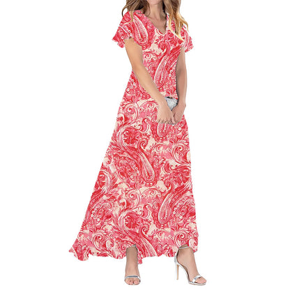 Summer Flared Maxi Dress V-Neck Short Sleeve Printed Chiffon Dress
