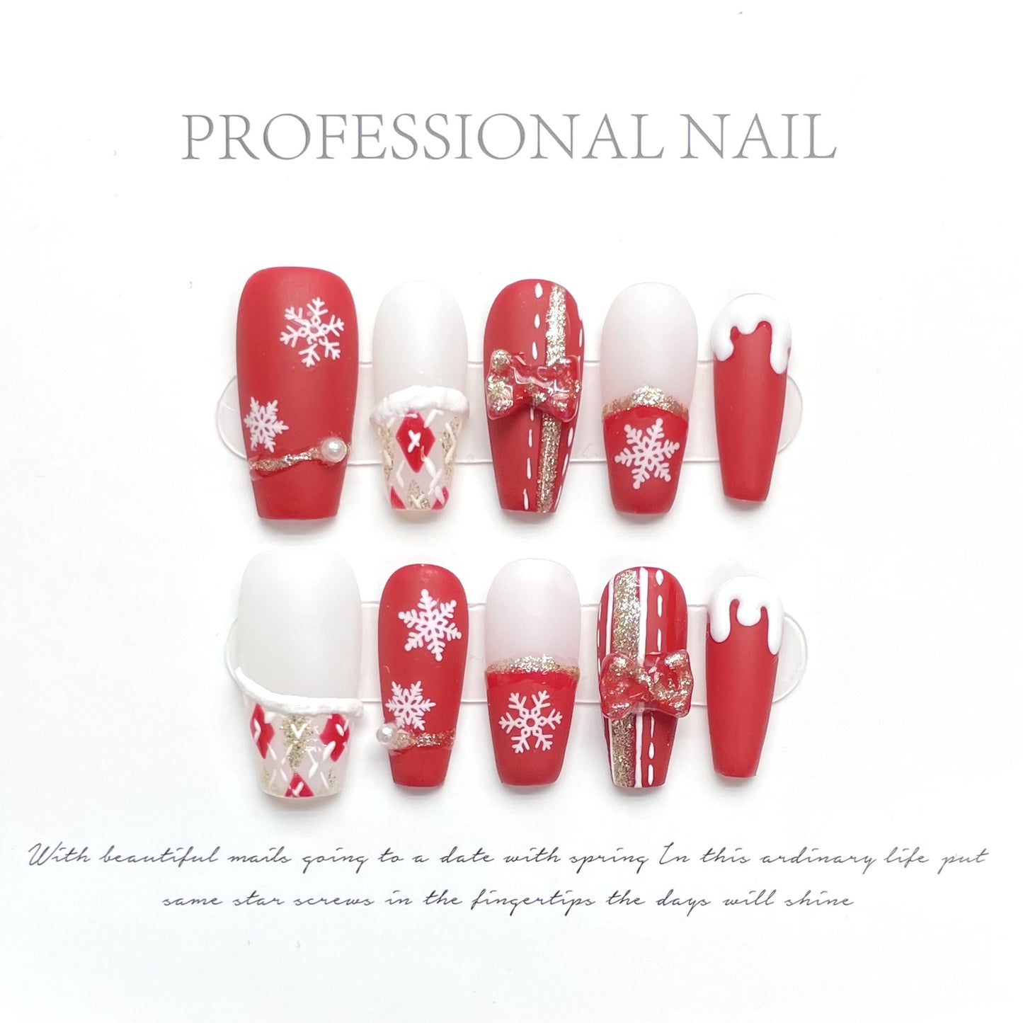 Colección navideña Feliz Navidad Industria pesada Arte de uñas hecho a mano Uñas postizas largas y cortas