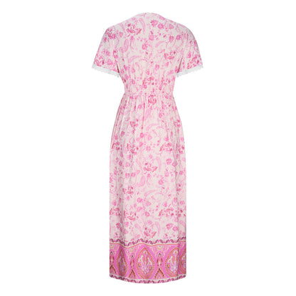 Women's Short Sleeve Lace Trim Tie-Waist Bohemian Dress Vacation Beach Dress Floral
