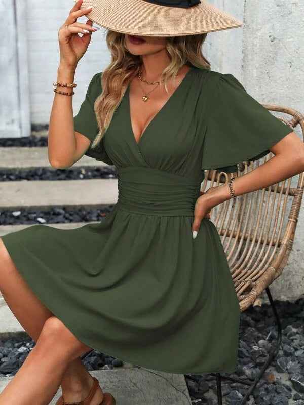 Deep v Waist Skinny Pleated Bubble Sleeve Dress Lantern Sleeve Bridesmaid