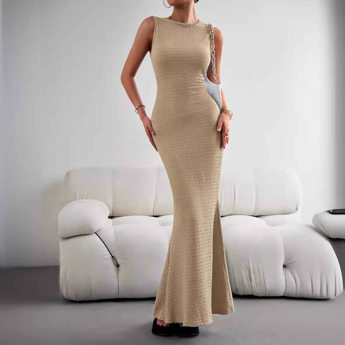 Sleeveless Tights Fashion Elegant Women's Slim Fit Women's Sleeveless Pleated Maxi Dress