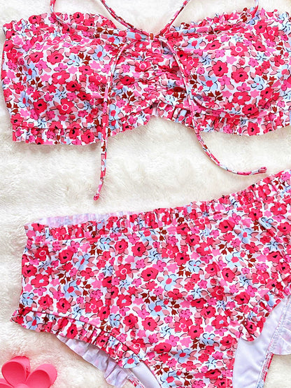 Bikini split swimsuit flower print pleated lace tube top triangular bikini
