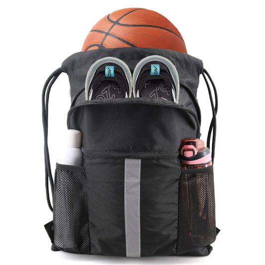 Mochila con cordón ajustable para baloncesto y fútbol, ​​mochila con cordón ajustable con compartimento para zapatos, bolsa para equipo deportivo con bolsillo para cinturón 