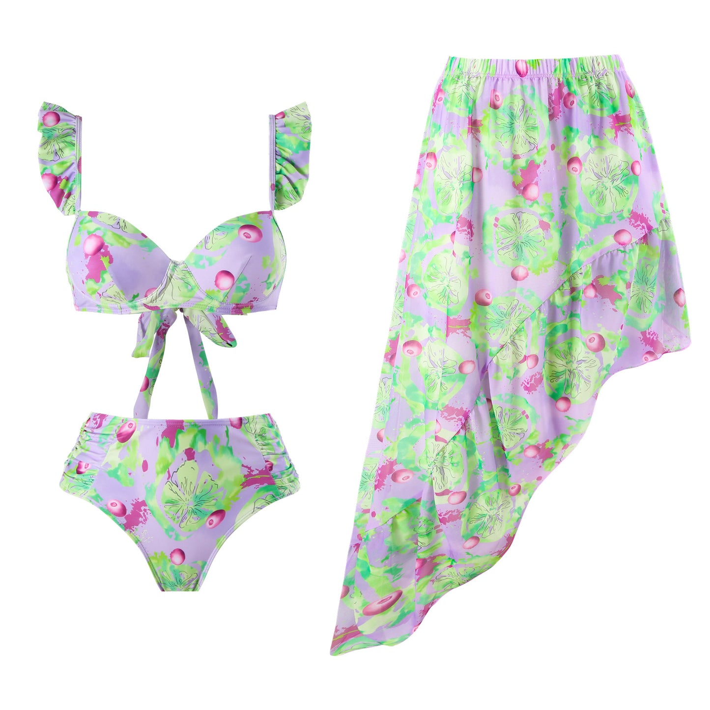 Vintage high waist split three-piece swimsuit women's bikini swimsuit chiffon beach skirt set