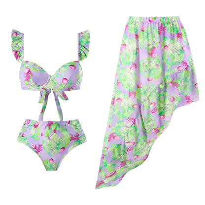 Vintage high waist split three-piece swimsuit women's bikini swimsuit chiffon beach skirt set