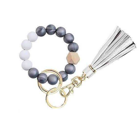 Llavero con borla de PU y cuentas de silicona para bolso, pulsera, llavero de coche, para mujeres y niñas 