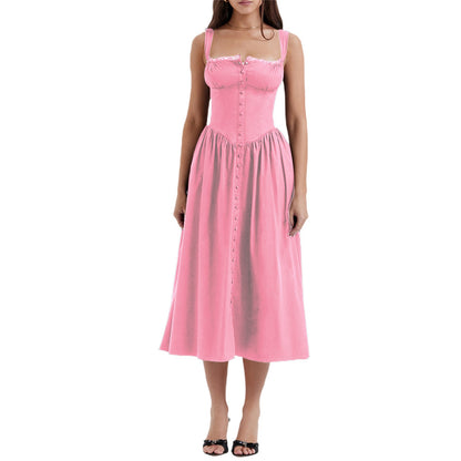 Floral Midi Corset Dress with Square Neck - Women's Smocked Lace-Up Sundress for Wedding Guest & Beach Holiday Parties -dropshippingabc.com