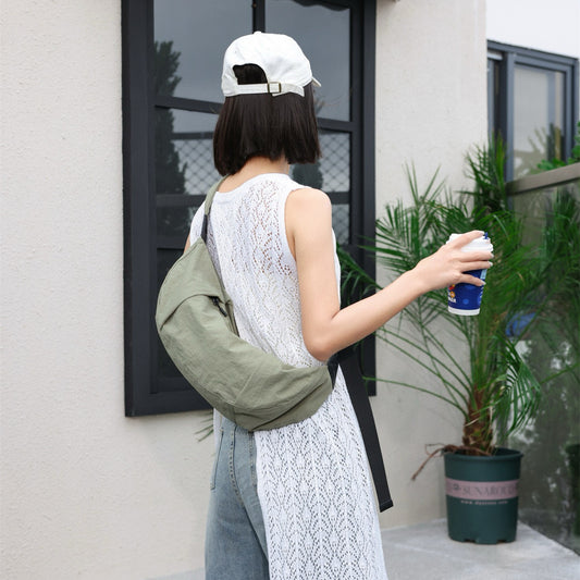 Bolso bandolera informal y versátil de lona, ​​bolso bandolera con correa ancha, bolso tipo dumpling unisex de estilo sencillo, bolso lunar, bolso ligero de tela espacial 