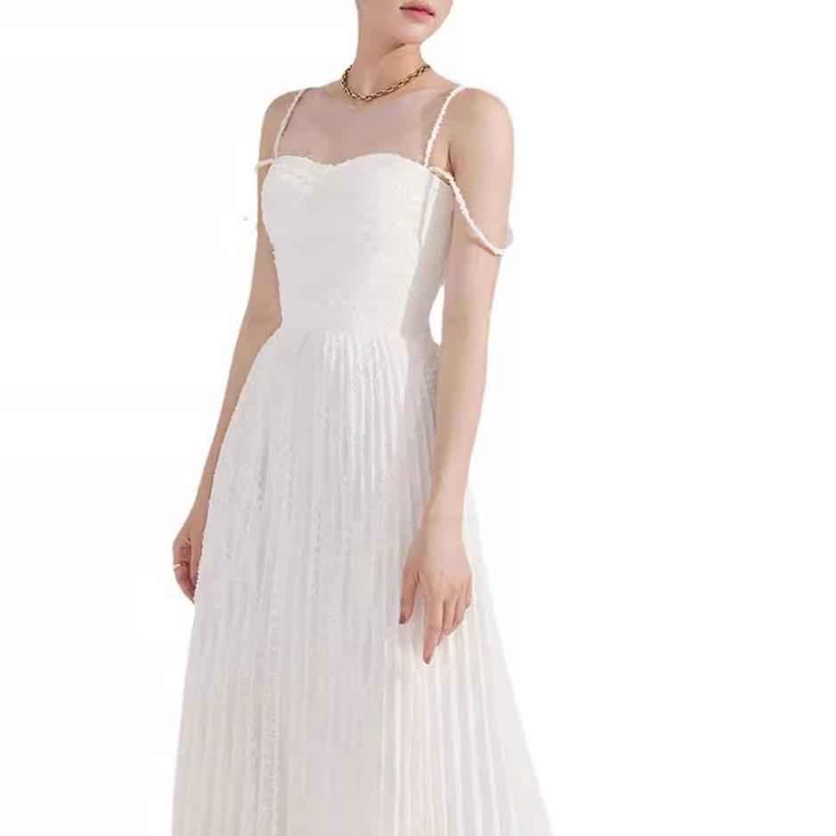 Double Shoulder Strap Simple Versatile Solid Color Dress Elegant Sexy Sleeveless Strap Pleated A Line dress