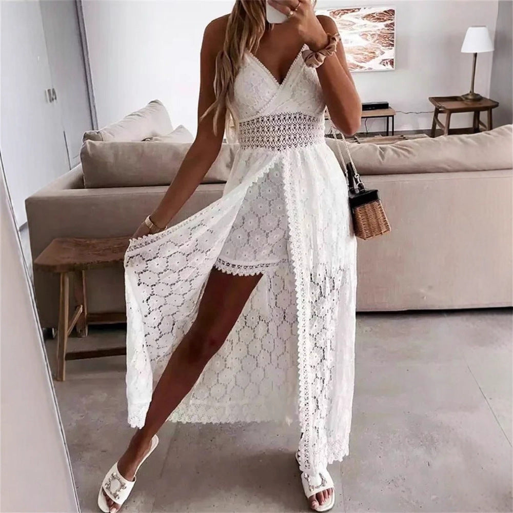 Women's Floral V-Neck Lace Dress - Sleeveless Spaghetti Strap Boho Beach Vacation Dress with Side Split -dropshippingabc.com