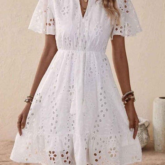 White Embroidered Lace V-Neck Dress with Bubble Sleeves