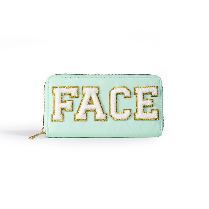 Cartera bordada con el alfabeto para mujer, monedero largo, tarjetero de nailon con cremallera, monedero multifuncional 