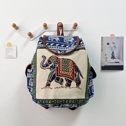 Retro Ethnic Drawstring Backpack – Elephant Embroidery Flap Closure, Bohemian Travel Daypack