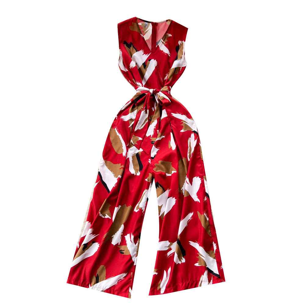 V-Neck High Waist Floral Print Wide Leg Jumpsuit - Loose Fit Women's Romper with Belt