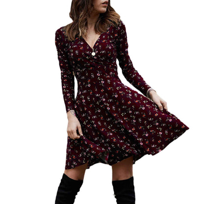 Retro Floral Print V-Neck Long Sleeve Dress