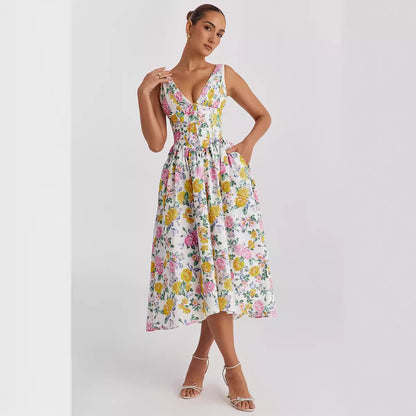 Summer Slim Suspender Long Dress Fashion Printed V-Neck Temperament Dress
