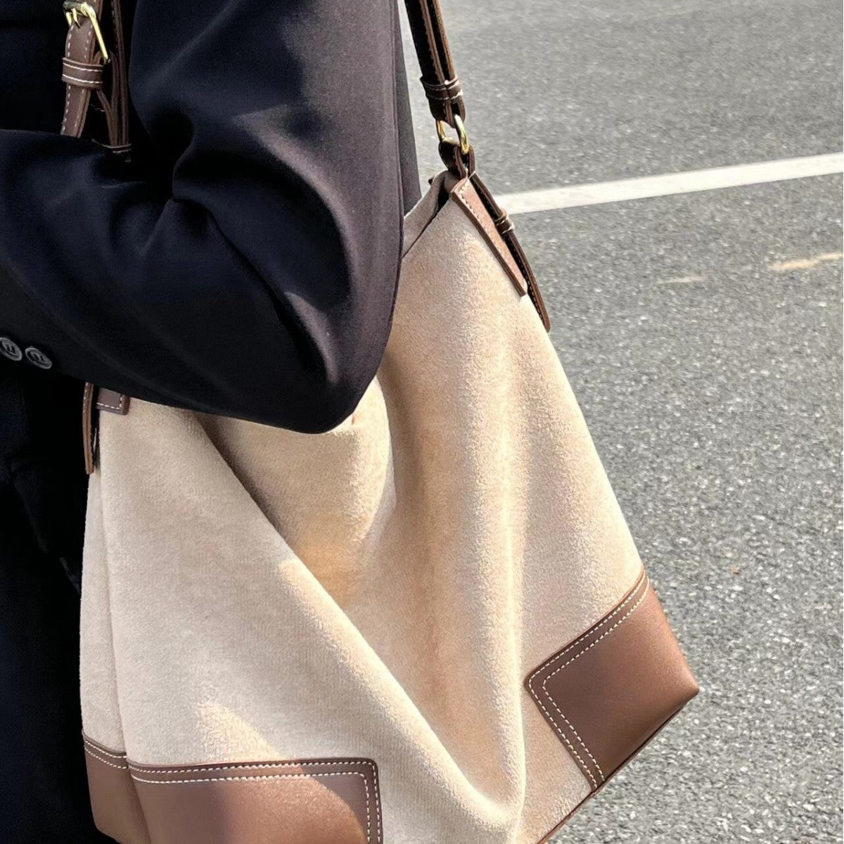 Bolso hobo de ante de gran capacidad, bolso de hombro femenino con contraste, bolso de mano, bolso informal