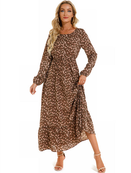 Spring and Autumn floral chiffon dress waist thin long sleeve round neck long printed skirt