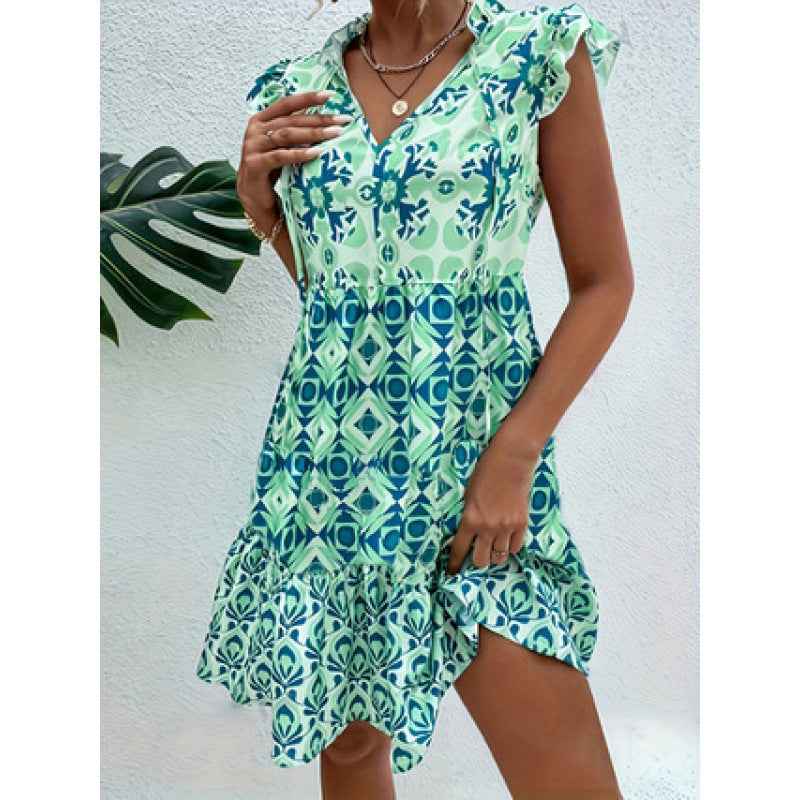V-Neck Strap Flower Dress Cap Sleeve Printed Vacation Dress