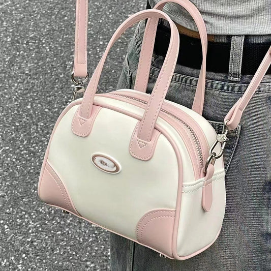 Mini bolso Boston de verano elegante – Bolso bandolera pequeño y portátil para mujer, bolso con forma de bolera perfecto en rosa 