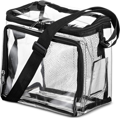 PVC clear lunch bag, adjustable strap front storage compartment mesh pocket, outdoor lunch bag with compartments