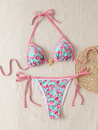 Plant Print Batwing Sleeve Bikini Set - Contrast Strap Sexy Split Swimsuit with Cover Up -dropshippingabc.com