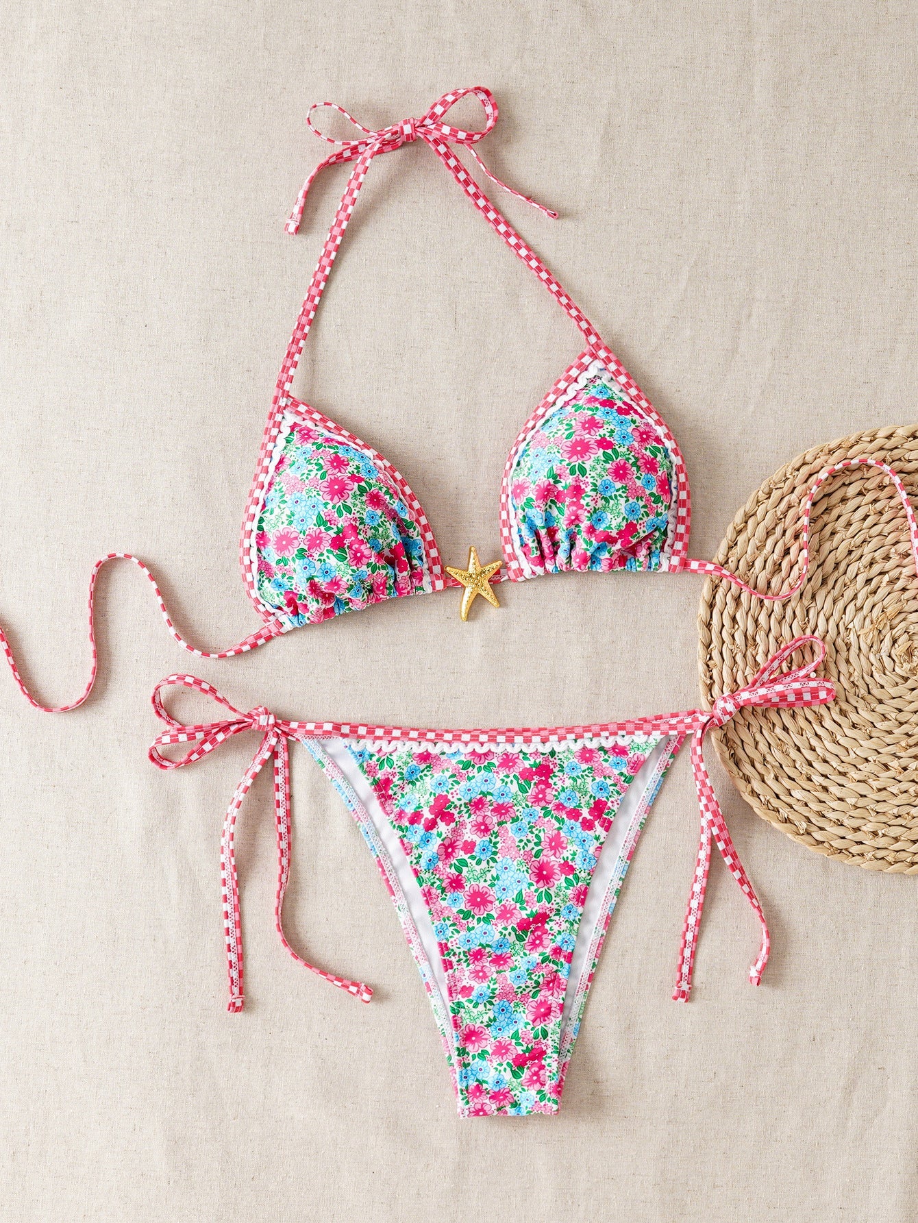 Plants Print Batwing Sleeve Bikini Set - Contrast Strap Sexy Split Swimsuit with Short Sleeve Cover -dropshippingabc.com