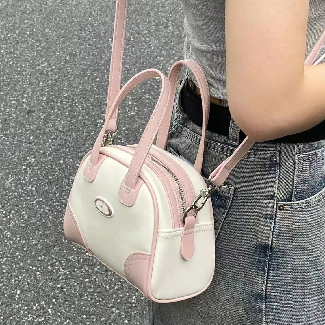 Chic Summer Boston Bag Mini – Portable Small Tote Crossbody Bag for Women, Perfect Bowling Shaped Bag in Pink