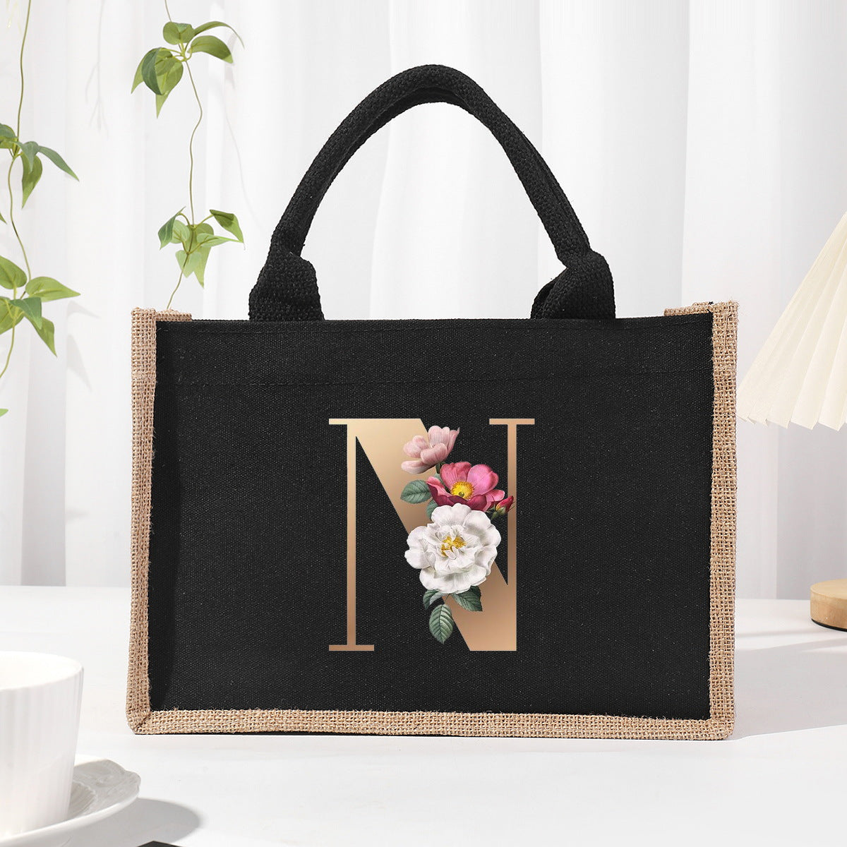 Bolsa de tela de algodón y lino, bolsa de tela con letras estampadas, bolso ligero portátil, bolsa de regalo para compras 