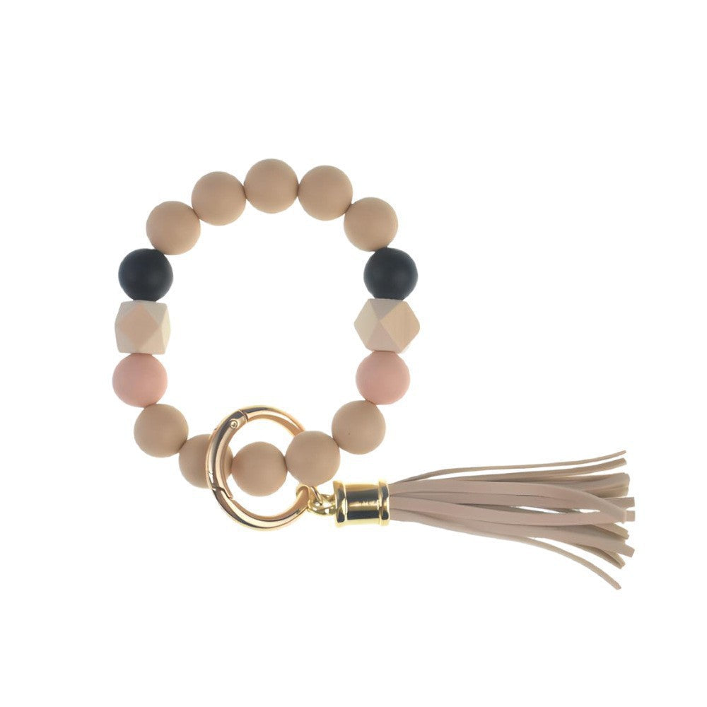 Llavero con borla de PU y cuentas de silicona para bolso, pulsera, llavero de coche, para mujeres y niñas 