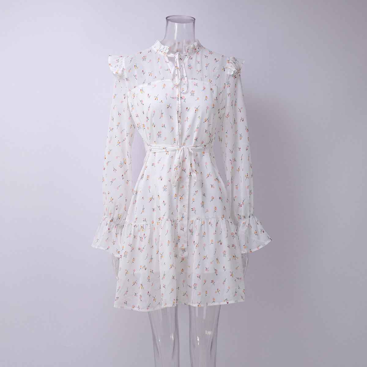 Chiffon floral dress neckline ruffle strap splicing horn skirt Pleated Mini Dress Lace Up Ruffle