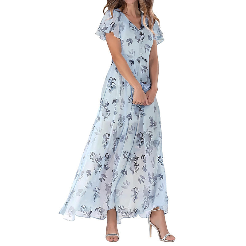 Summer Flared Maxi Dress V-Neck Short Sleeve Printed Chiffon Dress