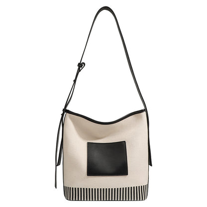Canvas Splicing Large Capacity Bucket Bag, Wide Shoulder Strap Fashion hobo bag for women, Versatile Striped Shoulder Bag