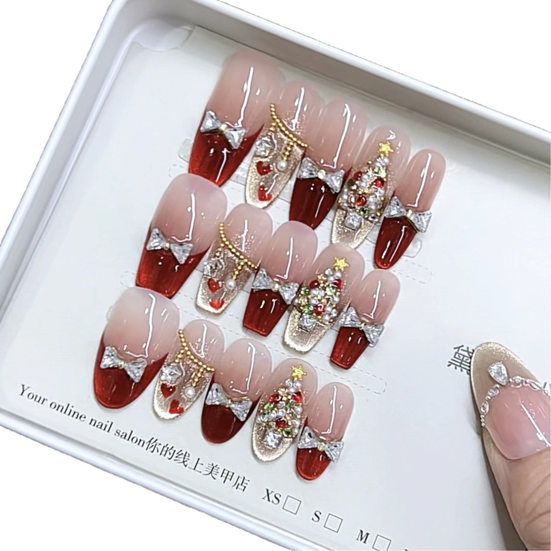 Parche para uñas con lazo de ojo de gato, diseño de circón y diamante, hecho a mano, para Navidad, rojo