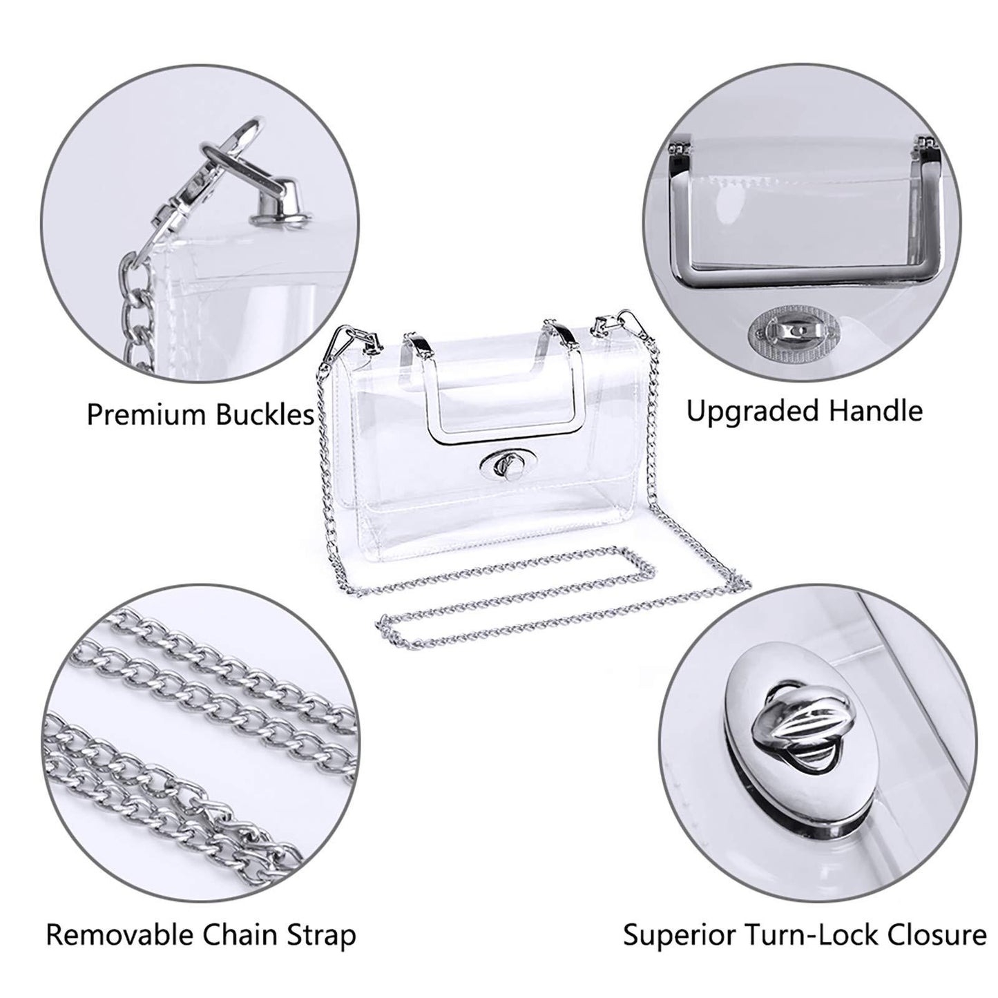 Bolso de mano transparente para mujer, ideal para la noche. Elegante bolso bandolera transparente con correa de cadena dorada extraíble. 