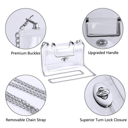 Bolso de mano transparente para mujer, ideal para la noche. Elegante bolso bandolera transparente con correa de cadena dorada extraíble. 
